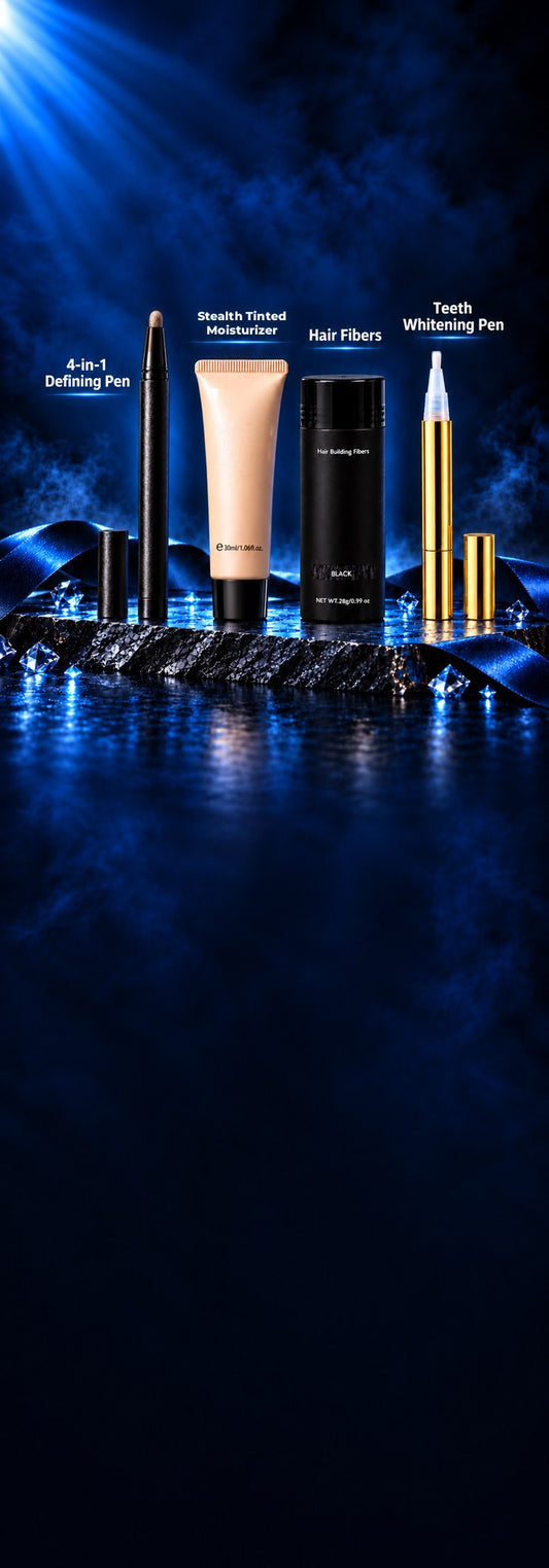 The Full Package: 4-in-1 Defining Pen, Stealth Tinted Moisturizer, Hair Fibers and Teeth Whitening Pen